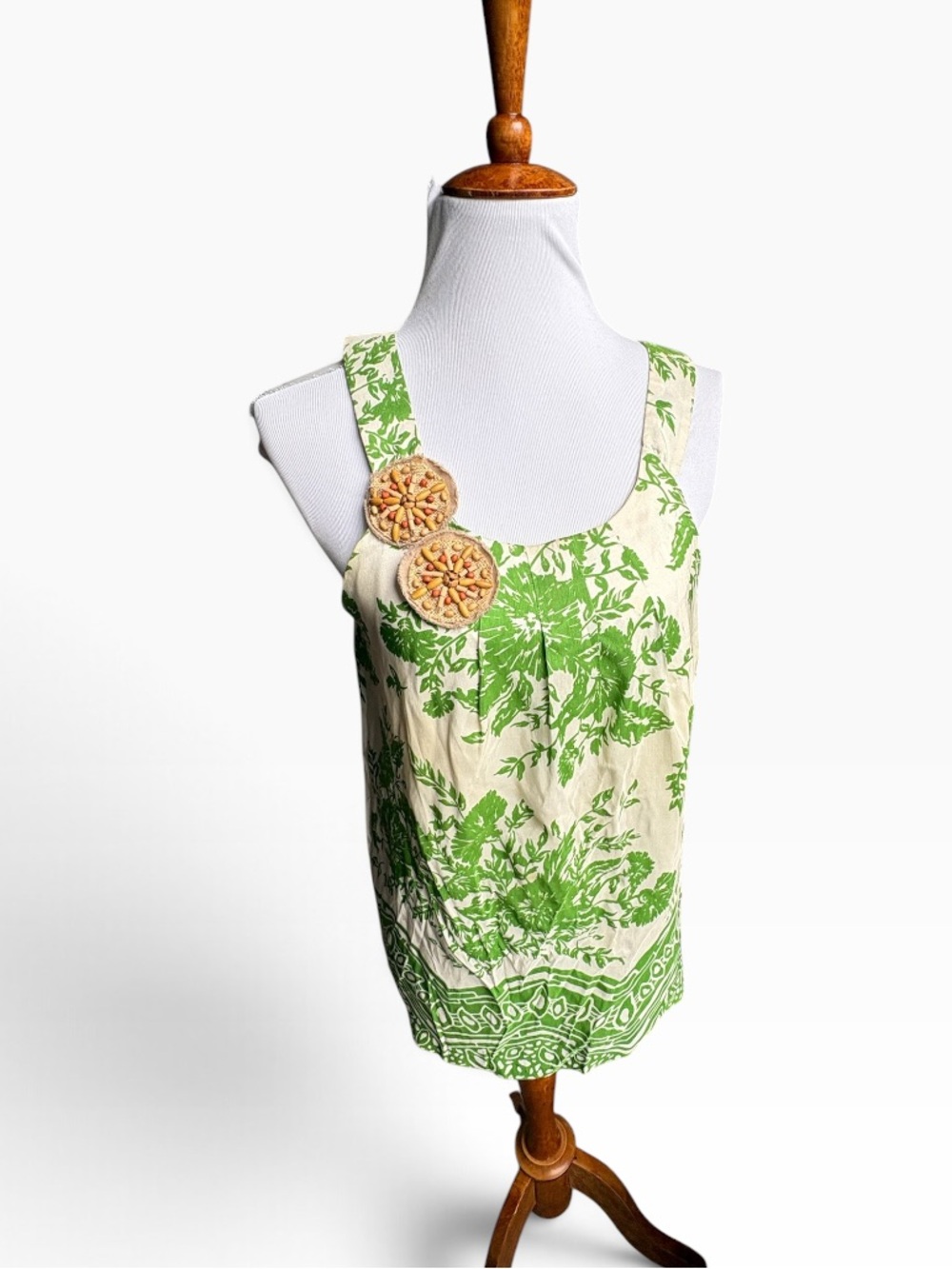 Tibi Cream Tank Top with Green Floral Print and Wooden Buttons